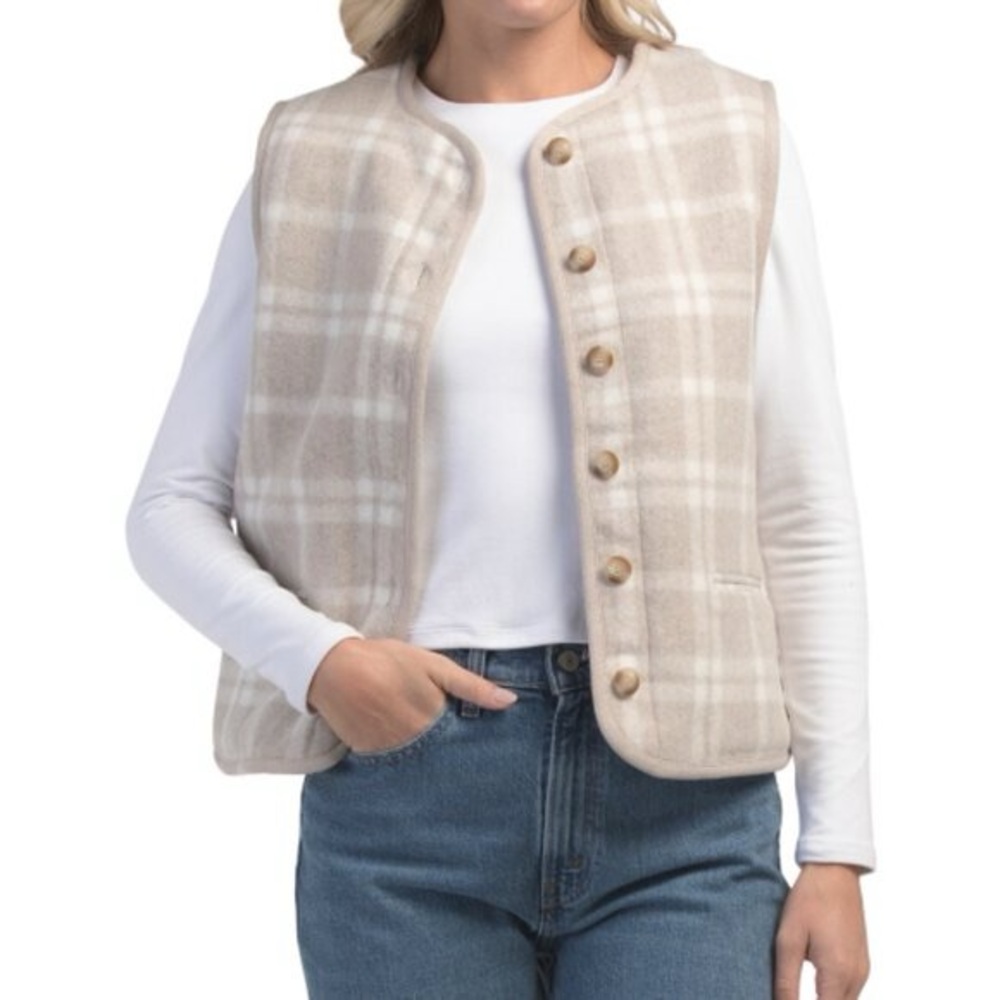 BAILEY 44 REVERSIBLE WOOL BLEND PLAID SHERPA VEST OUTDOOR LAYERING Beige Cream M